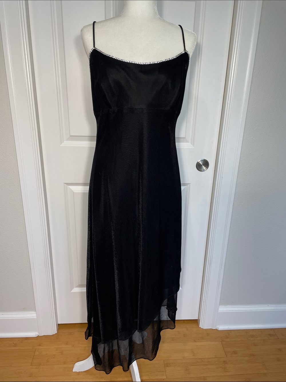 Ever Beauty Black Rhinestone Asymmetrical Slip Dres Size 12 Vintage Mesh Shimmer